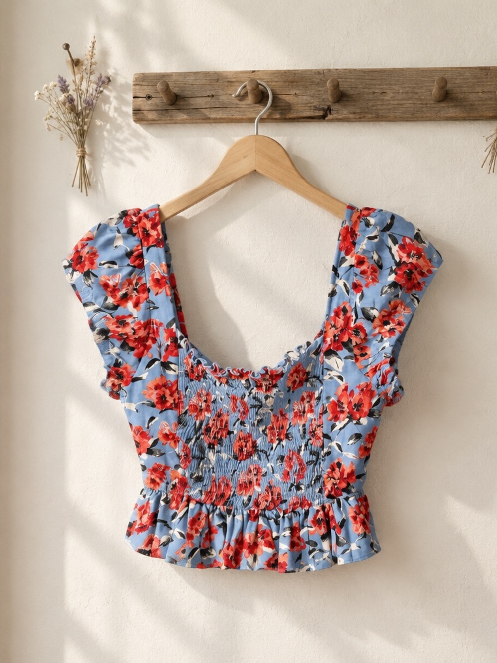 Zara Blue Floral Smocked Crop Top with Red Flowers